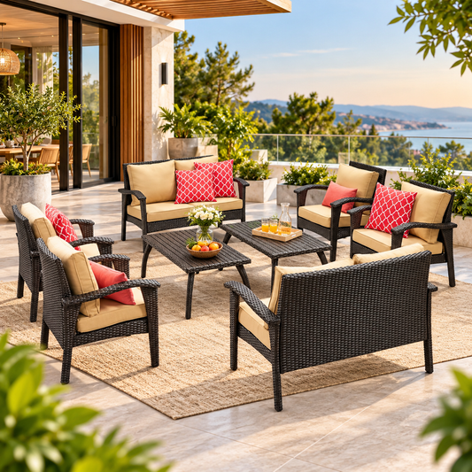 Dark Brown 8 Seater Outdoor Wicker Conversation Set