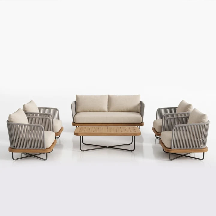 Outdoor Garden Balcony Sofa Set 2 Seater,4 Single Seater With 1 Table Set, Braid & Rope (Grey)