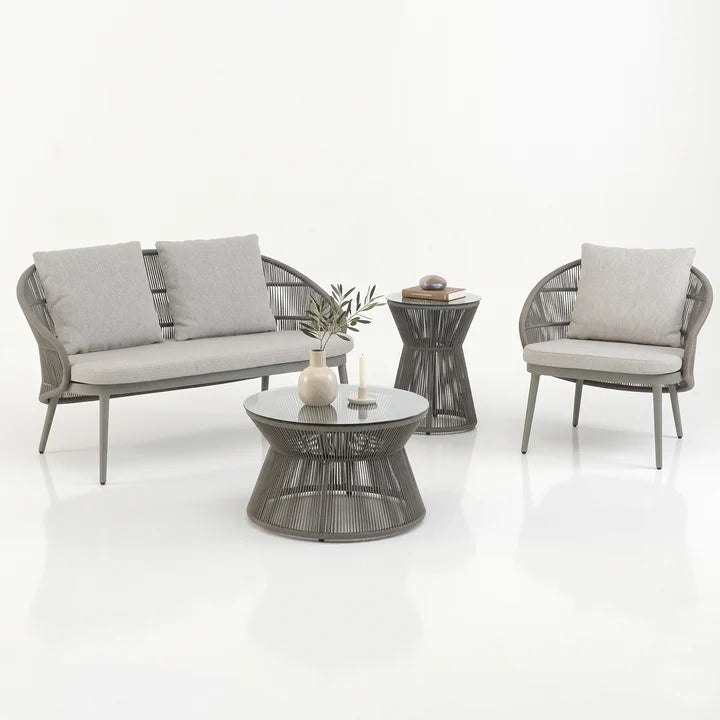Outdoor Sofa Set 2 Seater, 1 Single Seater, 1 Side Table and 1 Center Table Set (Grey) Braided & Rope