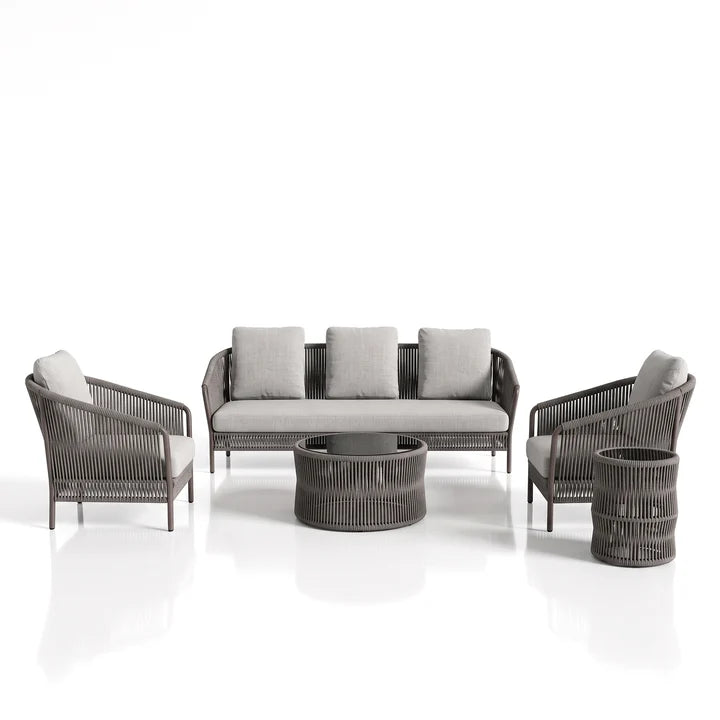 Outdoor Garden Balcony Sofa Set 3 Seater , 2 Single Seater and 1 Center Table & 1 Side Table Set, Braid & Rope (Grey)