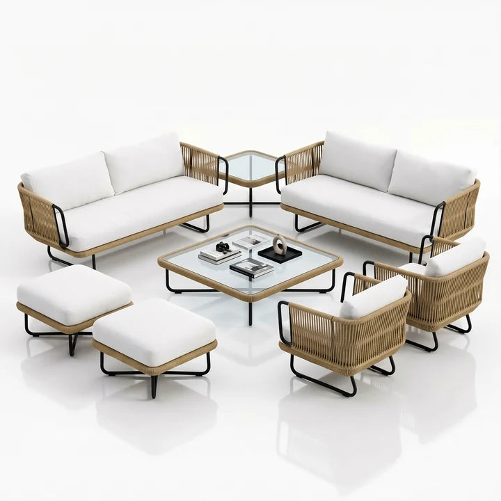 Outdoor Sofa Set 6 Seater , 2 Ottoman and 1 Center Table + 1 side table Set (Tan + Beige) Braided & Rope