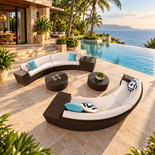 Outdoor Patio Round Sofa Set 8 Seater , 1 Side table and 2 Center Table (Brown)