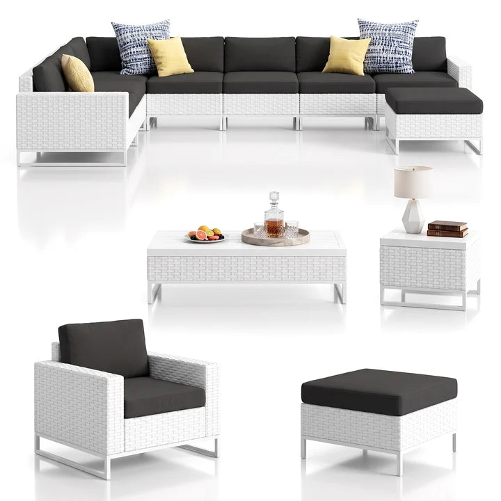 Outdoor Sofa Set 7 Seater, 2 Single seater and 1 Center Table, 1 Side Table With 2 Ottoman Set (White)