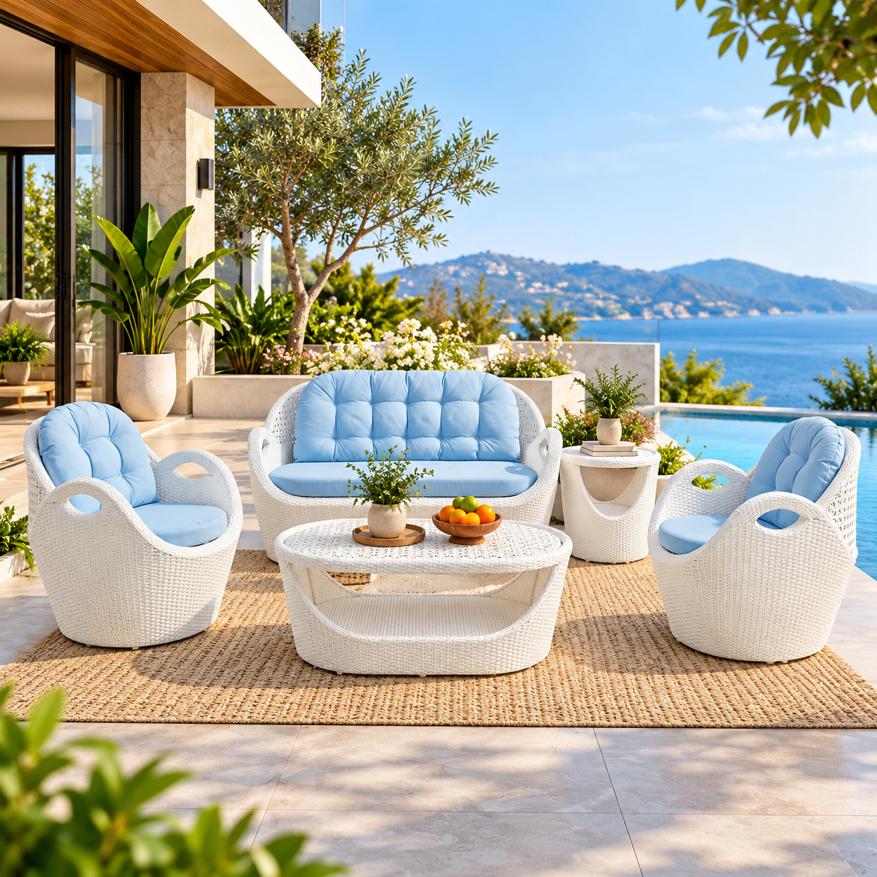 4-Seater Modern Design Outdoor Patio Furniture Set (White & Sky-blue)