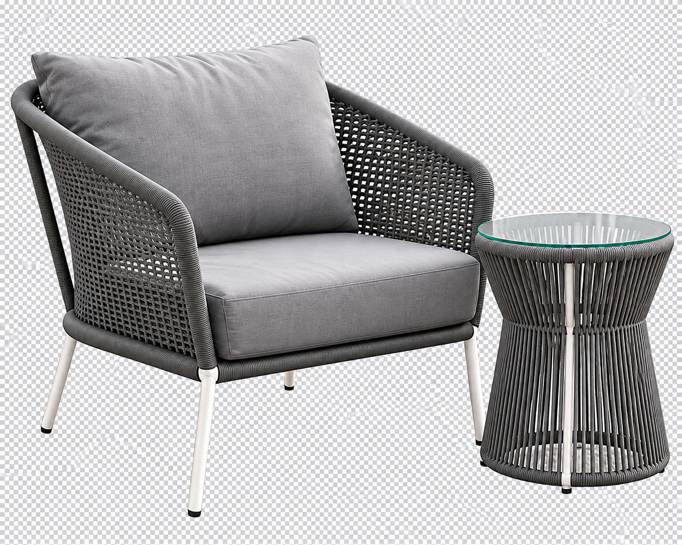 Outdoor Patio Seating Set Single Chair and 1 Side Table Set (Grey) Braided & Rope