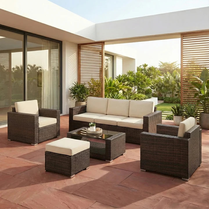 Outdoor Garden Balcony Sofa Set 3 Seater, 2 Single seater With 1 Ottoman and 1 Center Table Set (Brown)