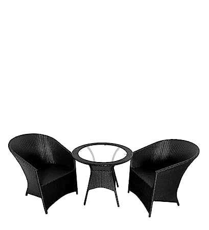 Patio Furniture Set - Indoor-Outdoor Chair and Table, Garden Seating, Balcony Coffee Table Set, Powder Coated (2+1) (Black Glass)
