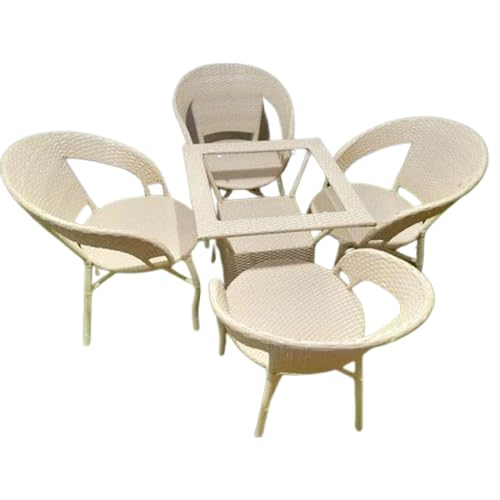 Craft Furniture D-12 Chairs Table Set 4+1 Wicker Patio Furniture Sets 4 Chair and 1 Table for Garden Balcony Bedroom Powder Coated Frame Uv Protected Wicker 4 Chair 1 Table Set (OFFWHITE)