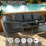 Outdoor Garden Balcony Sofa Set 3 Seater, 2 Single Seater 1 Ottoman and 1 Center Table Set Braid & Rope (Grey)