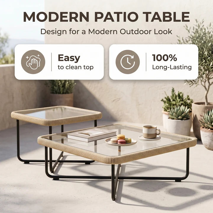 Outdoor Sofa Set 6 Seater , 2 Ottoman and 1 Center Table + 1 side table Set (Tan + Beige) Braided & Rope