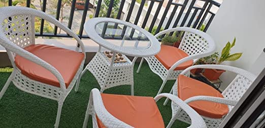 D-8 Wicker Outdoor Furniture Set | 4 Chairs with 1 Table | Garden | Balcony | Patio | Coffee Area | White Orange