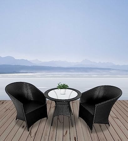 Patio Furniture Set - Indoor-Outdoor Chair and Table, Garden Seating, Balcony Coffee Table Set, Powder Coated (2+1) (Black Glass)