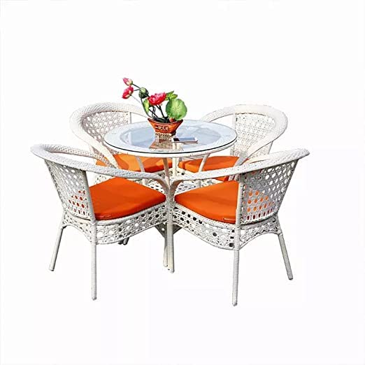 D-8 Wicker Outdoor Furniture Set | 4 Chairs with 1 Table | Garden | Balcony | Patio | Coffee Area | White Orange