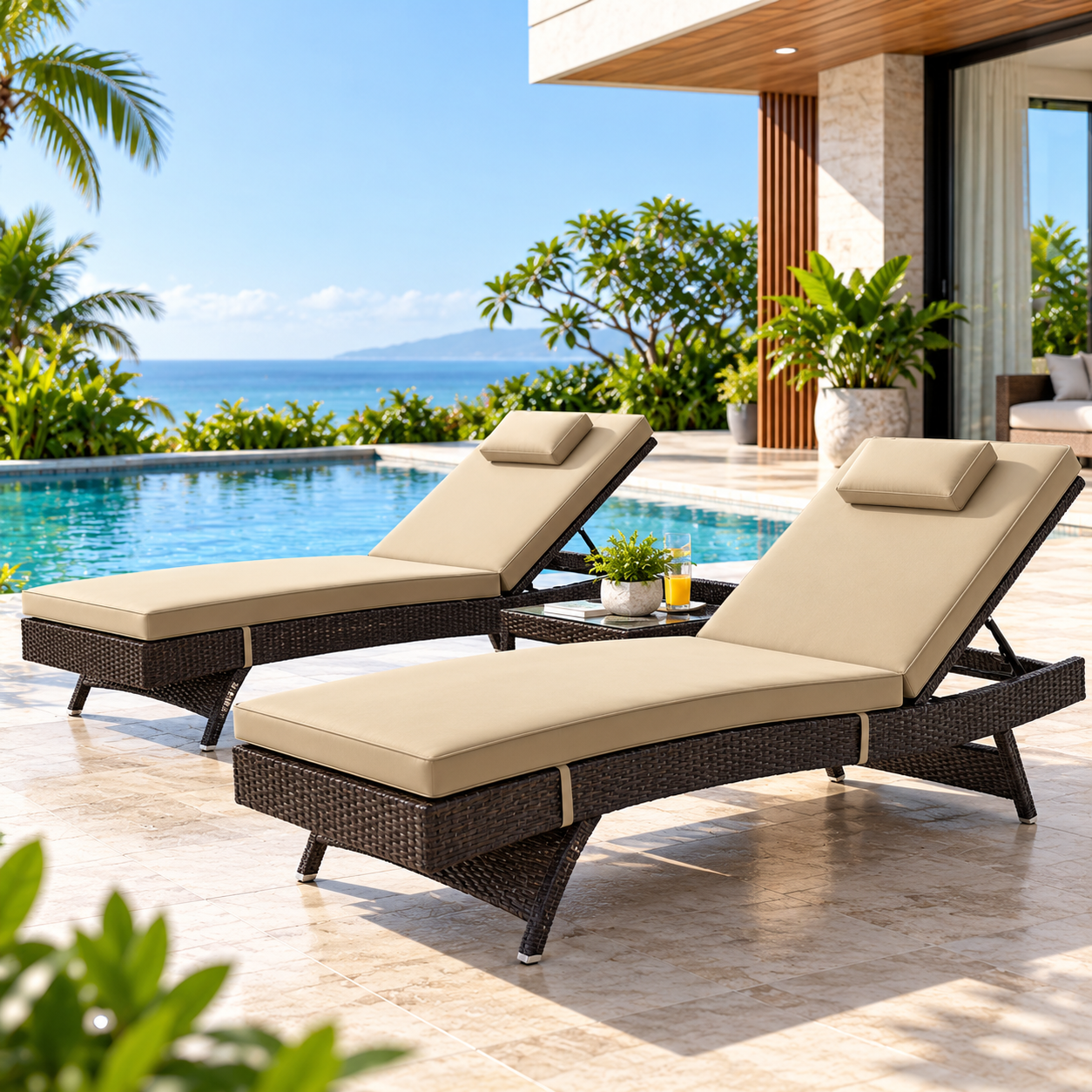 Outdoor Swimming Poolside Lounger Set of 2 (Brown)