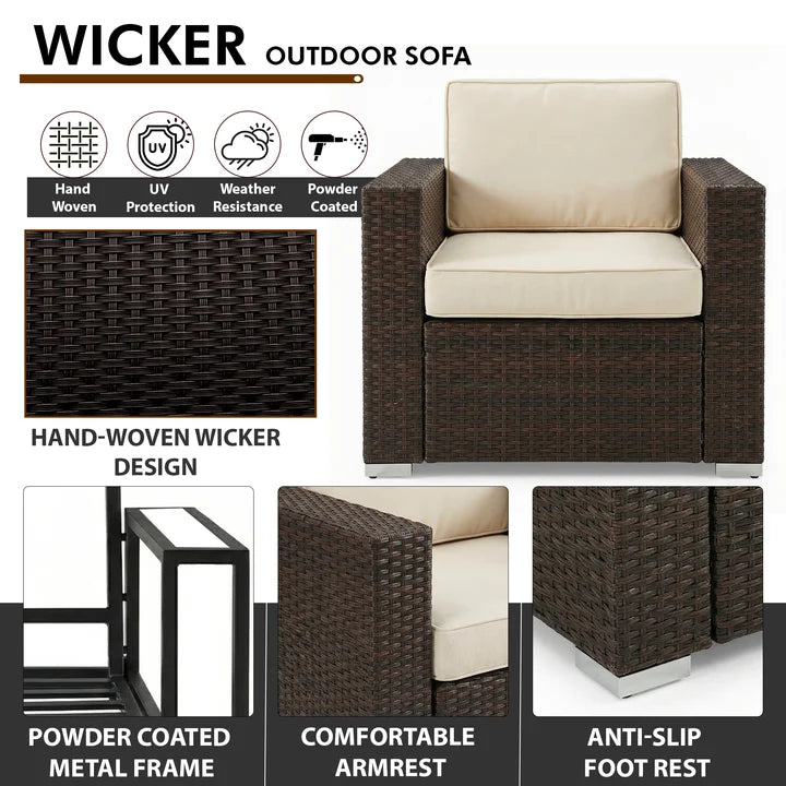 Outdoor Garden Balcony Sofa Set 3 Seater, 2 Single seater With 1 Ottoman and 1 Center Table Set (Brown)