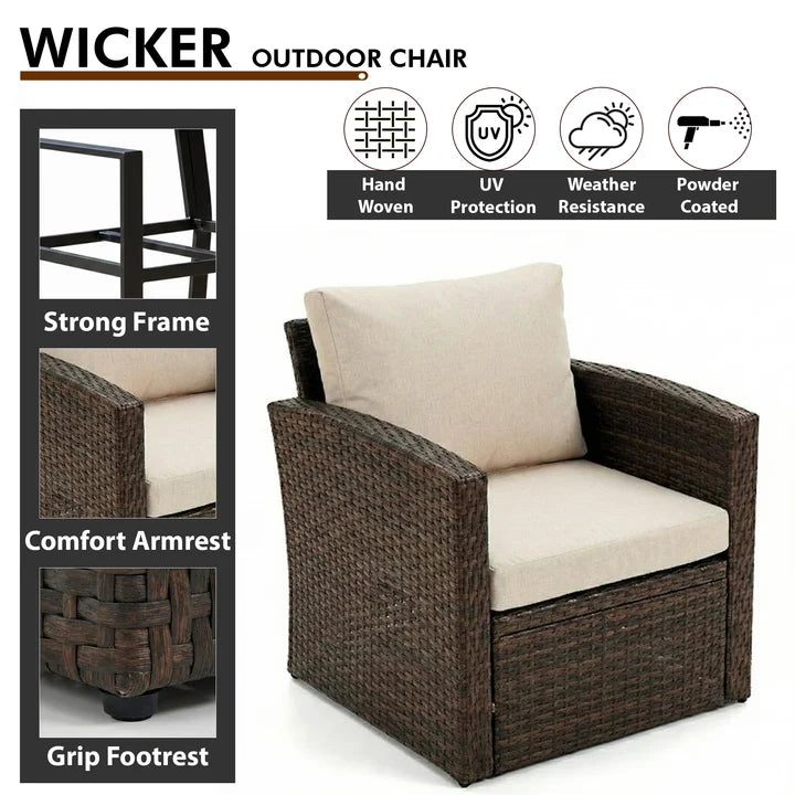 Outdoor Garden Balcony Sofa Set 3 Seater, 2 Seater With 2 Single Seater and 1 Center Table With 1 Side Table Set (Brown)