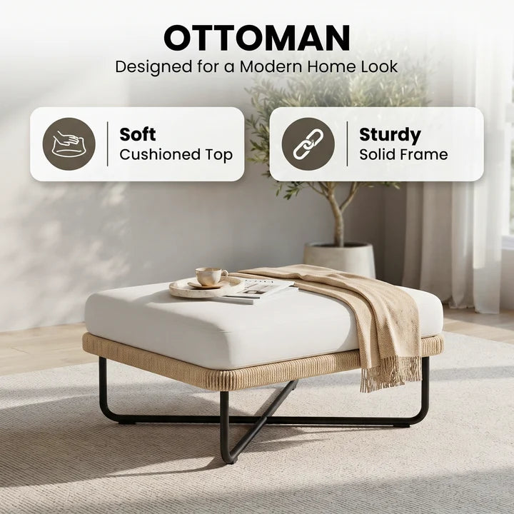 Outdoor Sofa Set 6 Seater , 2 Ottoman and 1 Center Table + 1 side table Set (Tan + Beige) Braided & Rope
