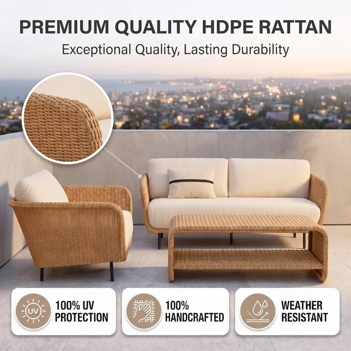 Outdoor Sofa Set 2 Seater, 1 Single seater and 1 Center Table (Light Brown)