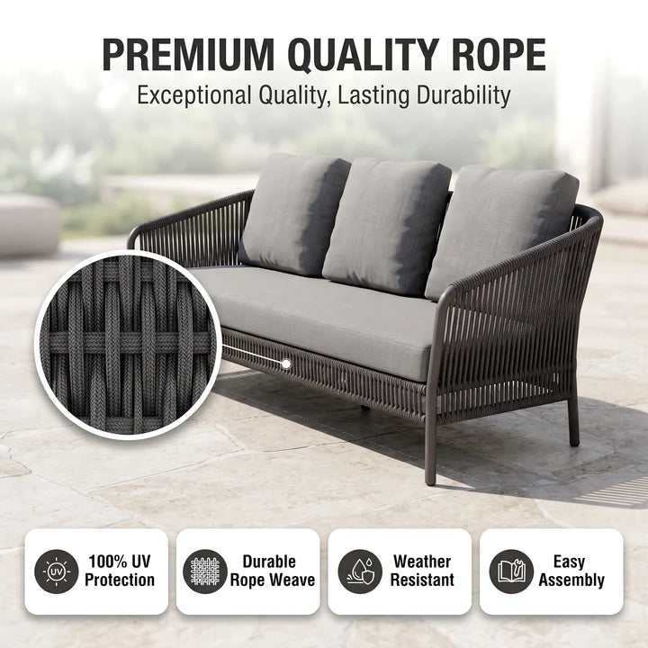 Outdoor Garden Balcony Sofa Set 3 Seater , 2 Single Seater and 1 Center Table & 1 Side Table Set, Braid & Rope (Grey)