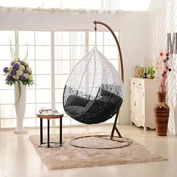 Craft 1 Seater Swing Chair with Stand & Cushion Outdoor, Indoor, Balcony, Garden, Patio, UV Protected Wicker (Black & White)