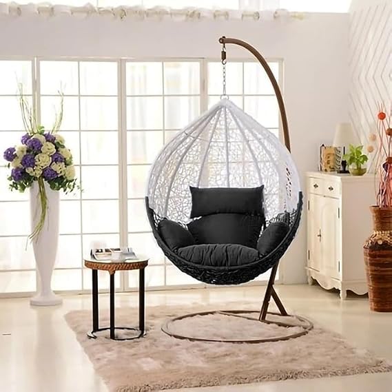 Craft 1 Seater Swing Chair with Stand & Cushion Outdoor, Indoor, Balcony, Garden, Patio, UV Protected Wicker (Black & White)