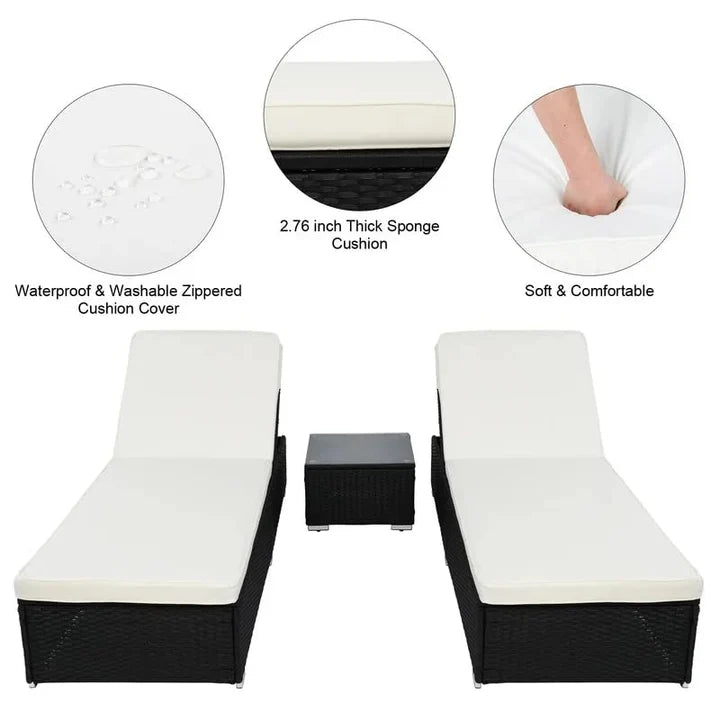 Outdoor Swimming Poolside Lounger (Set of 2 ) With 1 Side Table (Black +White)