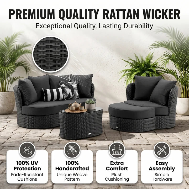Outdoor Garden Balcony Sofa Set 2 Seater, Single seater and 1 Center Table with Ottoman Set (Black)