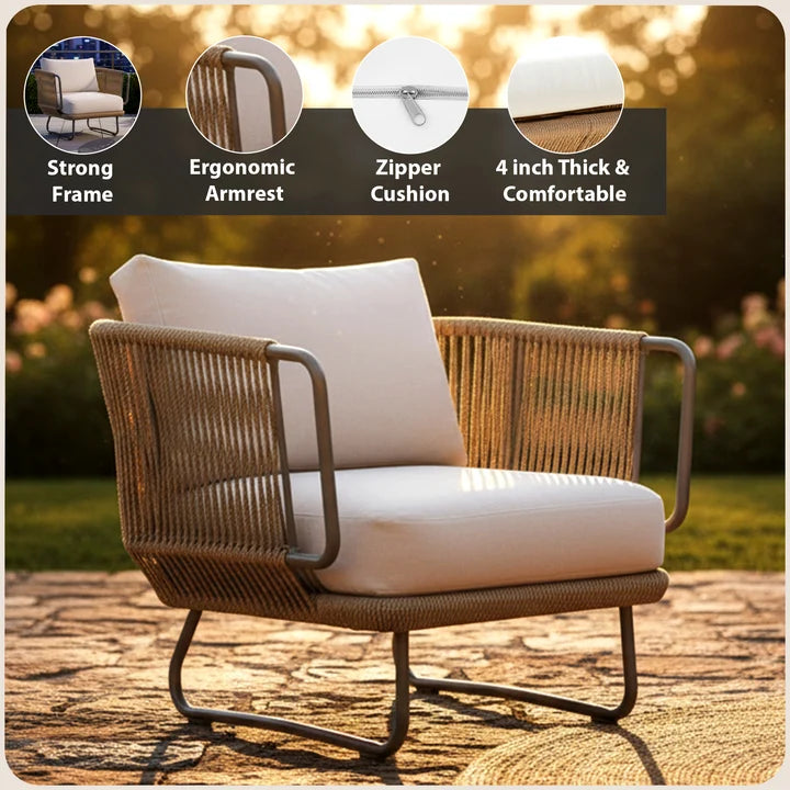 Outdoor Sofa Set 2 Seater, 2 Single seater and 1 Center Table with ottoman (Beige) Braided & Rope