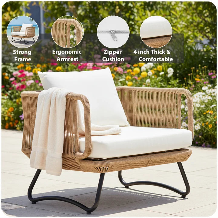 Outdoor Sofa Set 3 Seater, 2 Single seater,2 Ottoman(Beige) Braided and Rope
