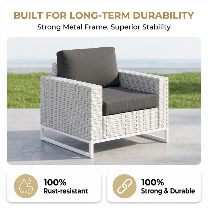Outdoor Sofa Set 7 Seater, 2 Single seater and 1 Center Table, 1 Side Table With 2 Ottoman Set (White)