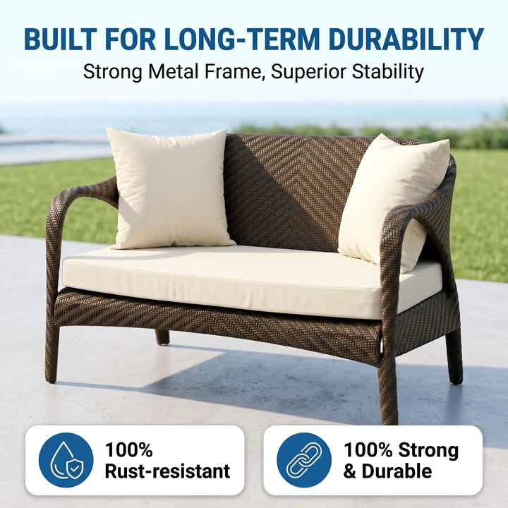Outdoor 2 Seater Sofa (Dark Brown +Beige)