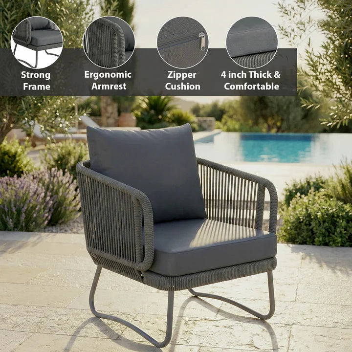 Outdoor Garden Balcony Sofa Set 3 Seater, 2 Single Seater 1 Ottoman and 1 Center Table Set Braid & Rope (Grey)