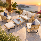 Outdoor Sofa Set 2 Seater, 2 Single seater and 1 Center Table with ottoman (Beige) Braided & Rope