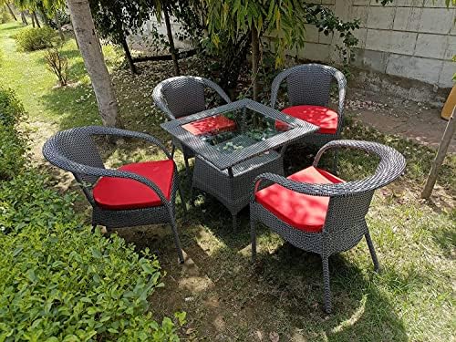 Outdoor D-8 Chairs Table Set 4+1 Wicker Patio Furniture Sets 4 Chair and 1 Table with Cushions for Garden Balcony Bedroom Powder Coated Frame Uv Protected Wicker (Black_STR_RED_Cushion)