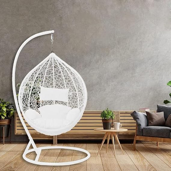 Craft Rattan 1 Seater Swing Chair with Stand and Cushion Hammock Swing for Adult Outdoor Indoor Garden Living Room Balcony Relaxing Chair Jhula (White)