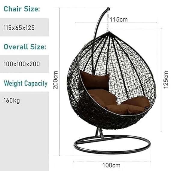 Craft Wicker Rattan Wrought Iron Single Seater Swing Chair with Stand for Adults|Garden & Outdoor Hammock with Cushions for Kids|Hanging Chair (Black+D.Brown)