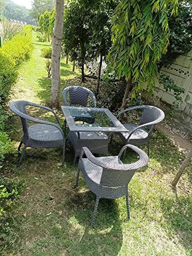 Outdoor D-8 Chairs Table Set 4+1 Wicker Patio Furniture Sets 4 Chair and 1 Table with Cushions for Garden Balcony Bedroom Powder Coated Frame Uv Protected Wicker (Black_STR_RED_Cushion)