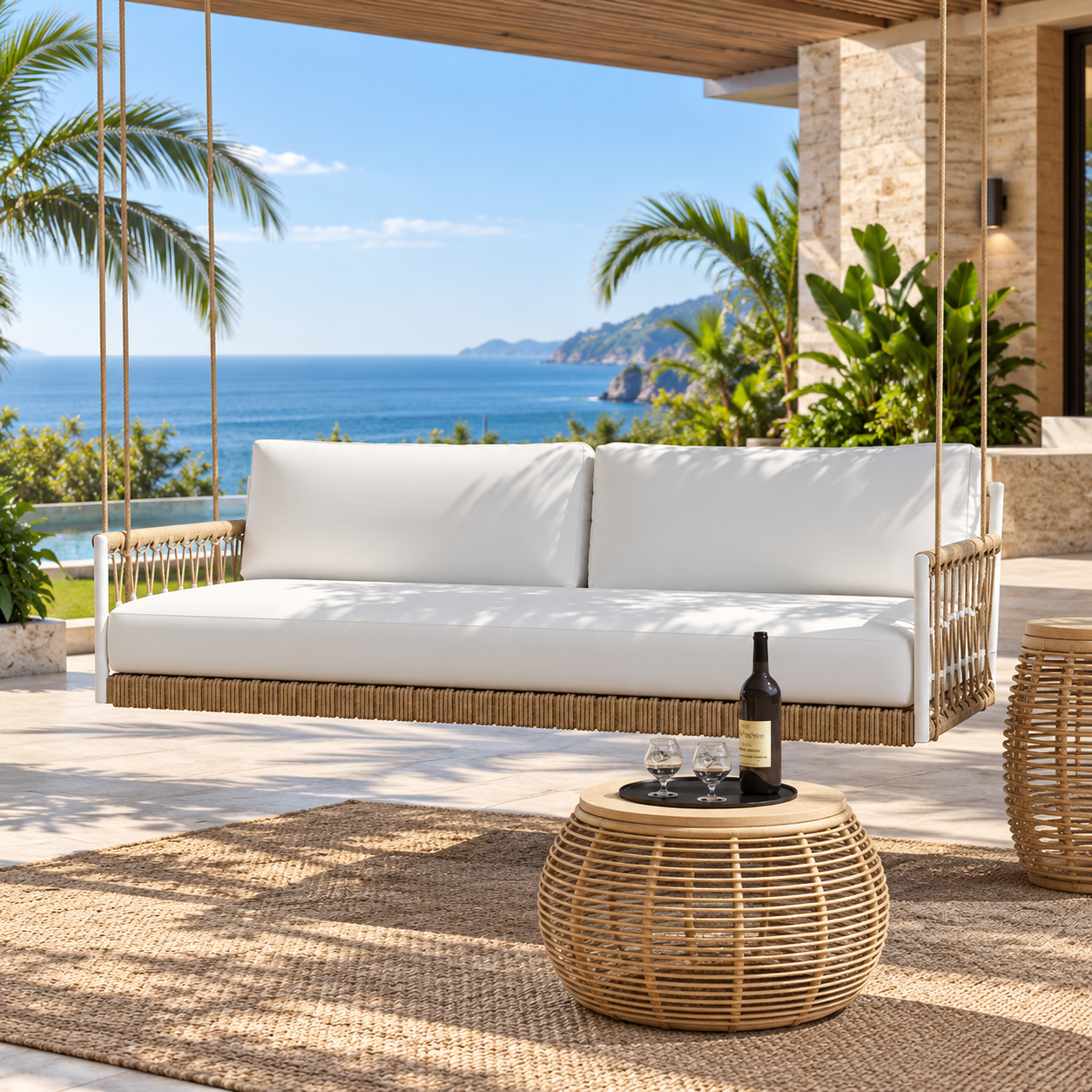 Three Seater Hanging Swing Without Stand For Balcony , Garden Swing (Beige + White)
