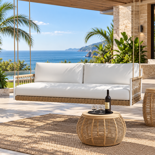 Three Seater Hanging Swing Without Stand For Balcony , Garden Swing (Beige + White)