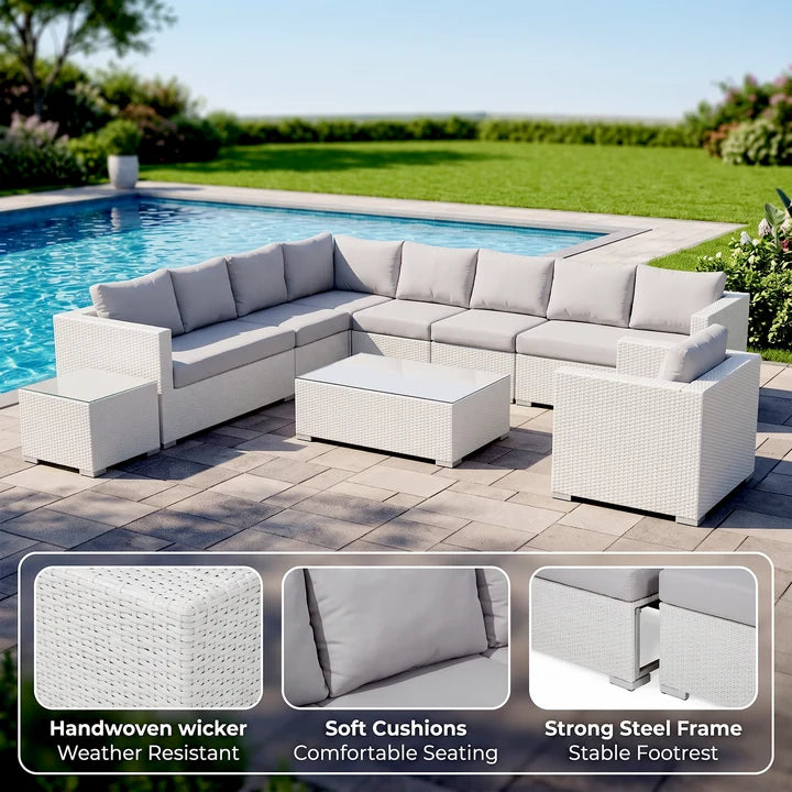 Outdoor Sofa Set 8 Seater , Single Seater and 2 Center Table Set (White)
