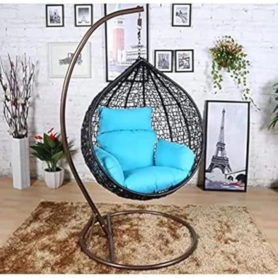Craft Single Seater Swing Chair with Stand & Cushion Outdoor/Indoor/Balcony/Garden/Patio/Powder Coated Frame/UV Protected Wicker(Black & Sky Blue)