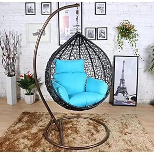 Craft Single Seater Swing Chair with Stand & Cushion Outdoor/Indoor/Balcony/Garden/Patio/Powder Coated Frame/UV Protected Wicker(Black & Sky Blue)