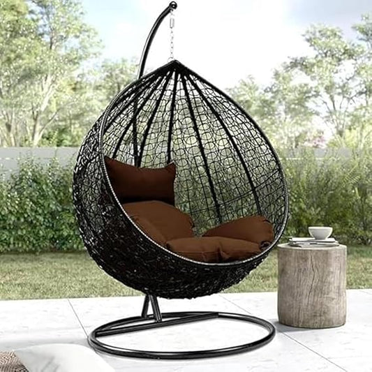 Craft Wicker Rattan Wrought Iron Single Seater Swing Chair with Stand for Adults|Garden & Outdoor Hammock with Cushions for Kids|Hanging Chair (Black+D.Brown)