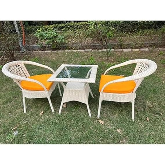 Craft D-8 Chairs Table Set 2+1 Wicker Patio Furniture Sets with Cushions for Garden Balcony Bedroom Powder Coated Frame Protected (Honey+Orange)