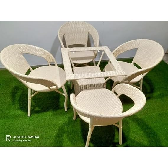 Craft Furniture D-12 Chairs Table Set 4+1 Wicker Patio Furniture Sets 4 Chair and 1 Table for Garden Balcony Bedroom Powder Coated Frame Uv Protected Wicker 4 Chair 1 Table Set (OFFWHITE)