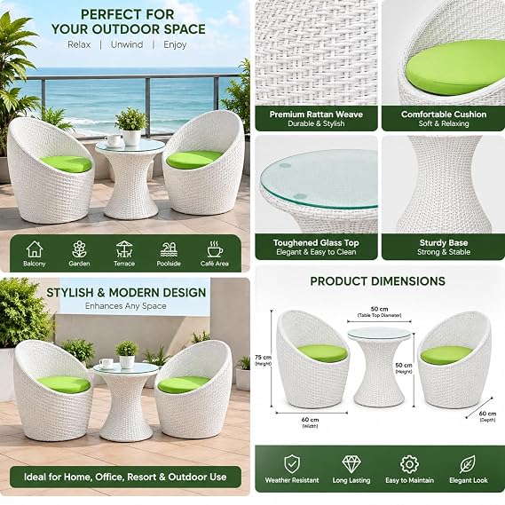 Nest Outdoor Wicker Furniture Set | 2 Chairs with 1 Table | Garden | Balcony | Terrace | Patio | Coffee Area | White Green