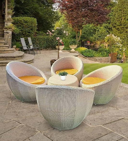 Craft Designer Outdoor Wicker Furniture Set - Chair and Table Set for Garden, Balcony, Terrace, Poolside, or Patio - All-Weather Rattan Seating (Apple Chair Beige + Yellow, 4+1)