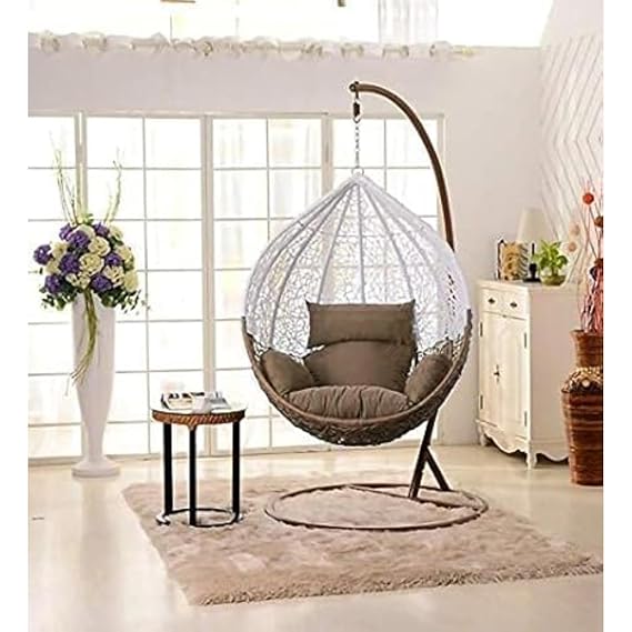 Craft Single Seater Metal Swing Chair with Stand & Cushion & Hook,Outdoor Indoor,Balcony, Garden, Patio Home Improvement(Stand-Brown,Basket White/Brown, Cushion-Brown)