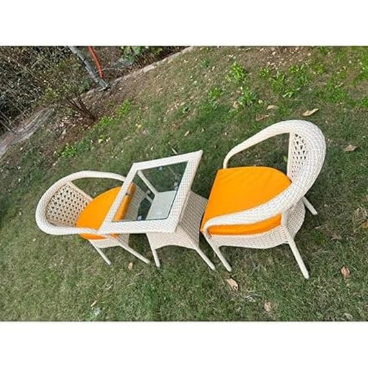 Craft D-8 Chairs Table Set 2+1 Wicker Patio Furniture Sets 2 Chair and 1 Table with Cushions for Garden Balcony Bedroom Powder Coated Frame Protected (Honey+Orange)