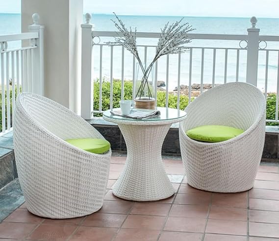Nest Outdoor Wicker Furniture Set | 2 Chairs with 1 Table | Garden | Balcony | Terrace | Patio | Coffee Area | White Green